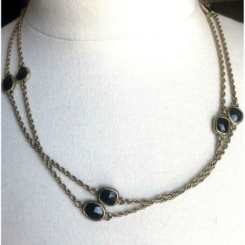 Monet Necklace Long Gold Chain Black Stones